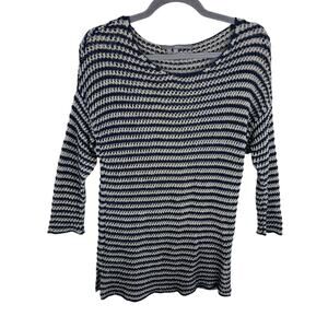 360‎ Sweater Linen Blue Cream Striped Nautical Coastal 3/4 Sleeve Sweater Size S
